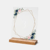Navy Blue Flowers, roze bloemen, tabelnummers Acryl Bord (Hoek)