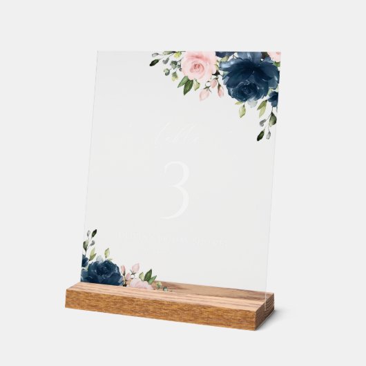 Navy Blue Flowers, roze bloemen, tabelnummers Acryl Bord (Hoek)