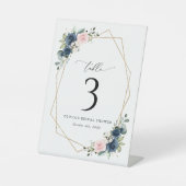 Navy Blue Flowers, roze bloemen, tabelnummers Reclamebord Met Voetstuk (Voorkant)