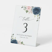 Navy Blue Flowers, roze bloemen, tabelnummers Reclamebord Met Voetstuk (Voorkant)