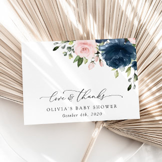 Navy Blue Flowers, Roze Flowers, Baby shower Bedankkaart