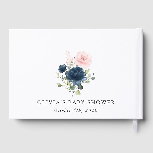 Navy Blue Flowers, Roze Flowers, Baby shower Gastenboek (Achterkant)