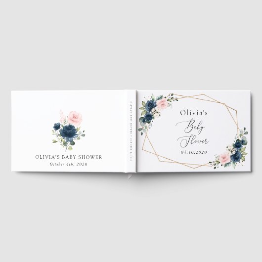Navy Blue Flowers, Roze Flowers, Baby shower Gastenboek (Volledig)