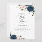 Navy Blue Flowers, Roze Flowers, Baby shower Kaart (Voorkant)