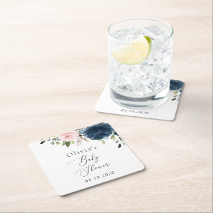 Navy Blue Flowers, Roze Flowers, Baby shower Kartonnen Onderzetters