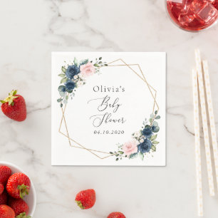 Navy Blue Flowers, Roze Flowers, Baby shower Servet