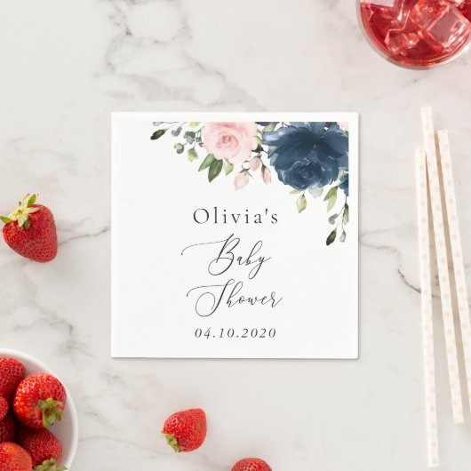 Navy Blue Flowers, Roze Flowers, Baby shower Servet (Insitu)