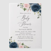 Navy Blue Flowers, Roze Flowers, Baby shower Vellum Uitnodigingen (Voorkant)