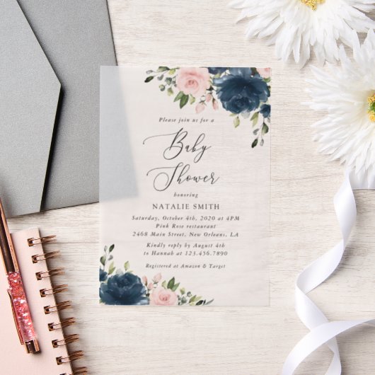 Navy Blue Flowers, Roze Flowers, Baby shower Vellum Uitnodigingen (Huwelijk)