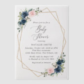 Navy Blue Flowers, Roze Flowers, Baby shower Vellum Uitnodigingen (Voorkant)