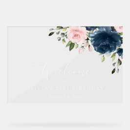 Navy Blue Flowers, Roze Flowers, Birthday Welcome Acryl Bord