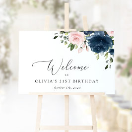 Navy Blue Flowers, Roze Flowers, Birthday Welcome Poster