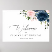 Navy Blue Flowers, Roze Flowers, Birthday Welcome Poster (Voorkant)