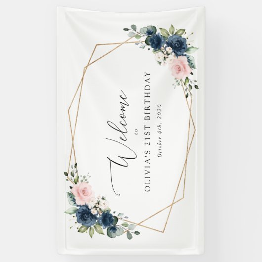 Navy Blue Flowers, Roze Flowers, Birthday Welcome Spandoek (Verticaal)
