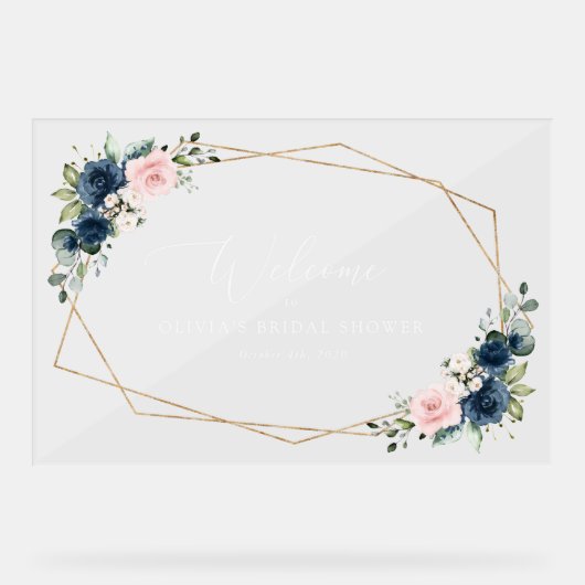 Navy Blue Flowers, Roze Flowers, Bridal Welcome Acryl Bord (Voorkant)