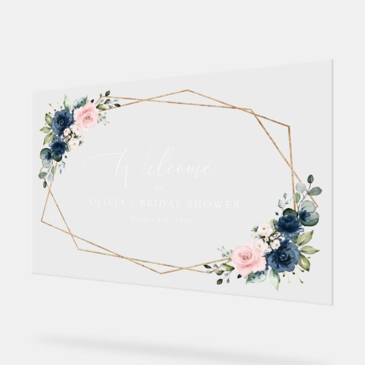 Navy Blue Flowers, Roze Flowers, Bridal Welcome Acryl Bord (Hoek)