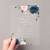 Navy Blue Flowers, Roze Flowers, Floral Wedding Acryl Uitnodigingen (Insitu (Draagbaar))
