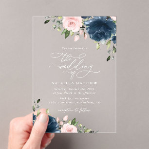 Navy Blue Flowers, Roze Flowers, Floral Wedding Acryl Uitnodigingen