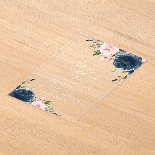 Navy Blue Flowers, Roze Flowers, Floral Wedding Acryl Uitnodigingen (Laagn)