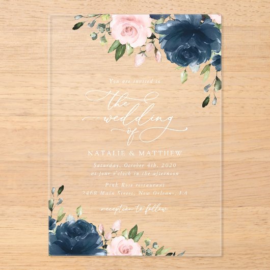 Navy Blue Flowers, Roze Flowers, Floral Wedding Acryl Uitnodigingen (Voorkant)