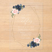 Navy Blue Flowers, Roze Flowers, Floral Wedding Acryl Uitnodigingen (Voorkant)