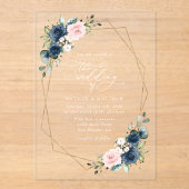 Navy Blue Flowers, Roze Flowers, Floral Wedding Acryl Uitnodigingen (Voorkant)
