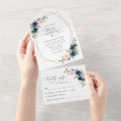 Navy Blue Flowers, Roze Flowers, Floral Wedding All In One Uitnodiging (Afscheurbaar)