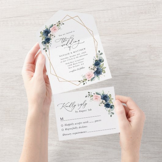 Navy Blue Flowers, Roze Flowers, Floral Wedding All In One Uitnodiging (Afscheurbaar)