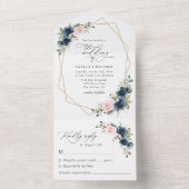 Navy Blue Flowers, Roze Flowers, Floral Wedding All In One Uitnodiging (Binnen)