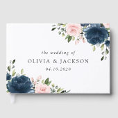 Navy Blue Flowers, Roze Flowers, Floral Wedding Gastenboek (Voorkant)