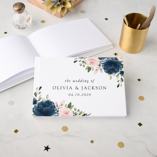 Navy Blue Flowers, Roze Flowers, Floral Wedding Gastenboek (Voorkant open)