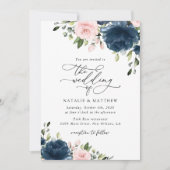 Navy Blue Flowers, Roze Flowers, Floral Wedding Kaart (Voorkant)