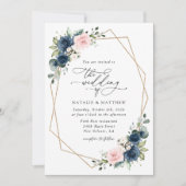 Navy Blue Flowers, Roze Flowers, Floral Wedding Kaart (Voorkant)