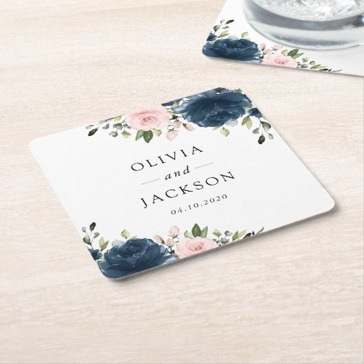 Navy Blue Flowers, Roze Flowers, Floral Wedding Kartonnen Onderzetters (Schuin)