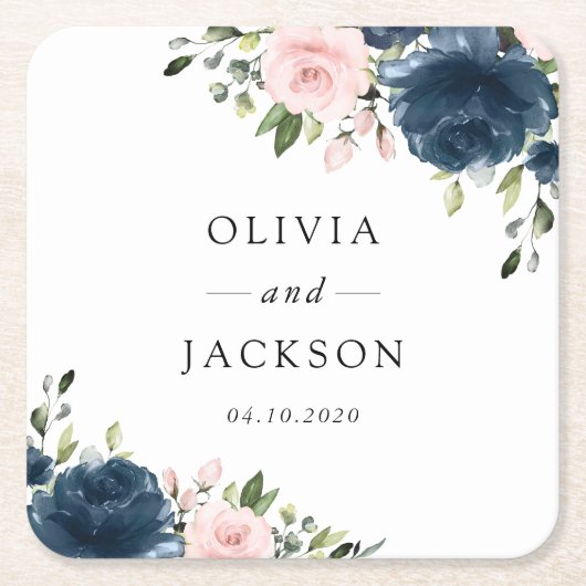 Navy Blue Flowers, Roze Flowers, Floral Wedding Kartonnen Onderzetters (Voorkant)