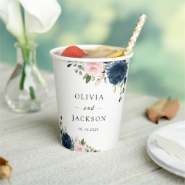 Navy Blue Flowers, Roze Flowers, Floral Wedding Papieren Bekers