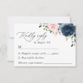 Navy Blue Flowers, Roze Flowers, Floral Wedding RSVP Kaartje (Voorkant)