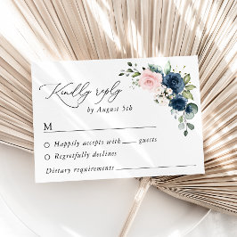 Navy Blue Flowers, Roze Flowers, Floral Wedding RSVP Kaartje