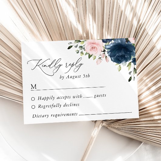Navy Blue Flowers, Roze Flowers, Floral Wedding RSVP Kaartje