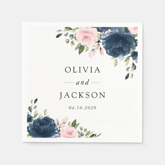Navy Blue Flowers, Roze Flowers, Floral Wedding Servet (Voorkant)