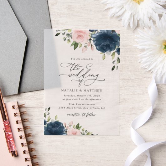 Navy Blue Flowers, Roze Flowers, Floral Wedding Vellum Uitnodigingen (Huwelijk)