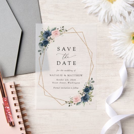 Navy Blue Flowers, Roze Flowers, Floral Wedding Vellum Uitnodigingen (Huwelijk)