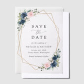 Navy Blue Flowers, Roze Flowers, Floral Wedding Vellum Uitnodigingen (Offset)