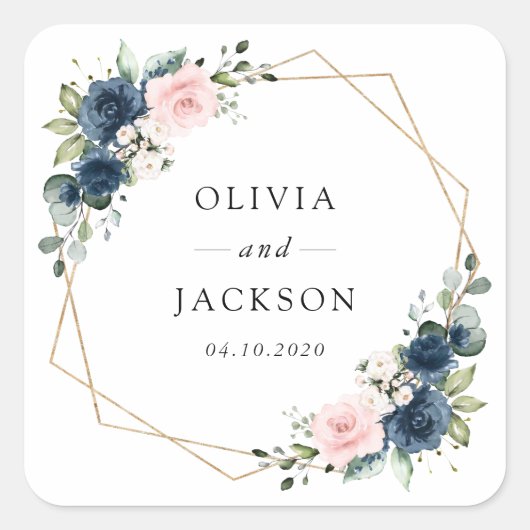 Navy Blue Flowers, Roze Flowers, Floral Wedding Vierkante Sticker (Voorkant)