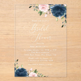 Navy Blue Flowers, Roze Flowers, Vrijgezellenfeest Acryl Uitnodigingen