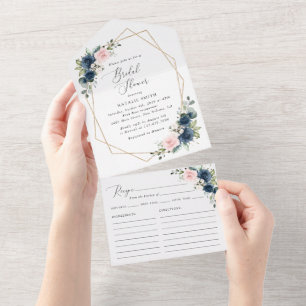 Navy Blue Flowers, Roze Flowers, Vrijgezellenfeest All In One Uitnodiging