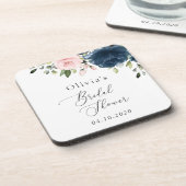 Navy Blue Flowers, Roze Flowers, Vrijgezellenfeest Bier Onderzetter (Linkerzijde)