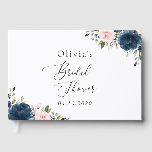 Navy Blue Flowers, Roze Flowers, Vrijgezellenfeest Gastenboek (Voorkant)