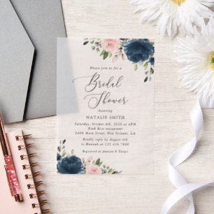 Navy Blue Flowers, Roze Flowers, Vrijgezellenfeest Vellum Uitnodigingen