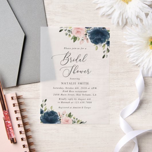 Navy Blue Flowers, Roze Flowers, Vrijgezellenfeest Vellum Uitnodigingen (Huwelijk)